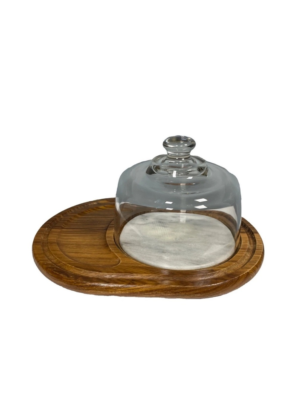 Vintage Dolphin Teakwood Cheese Board Serving Tray Marble W/ Clear Glass Dome